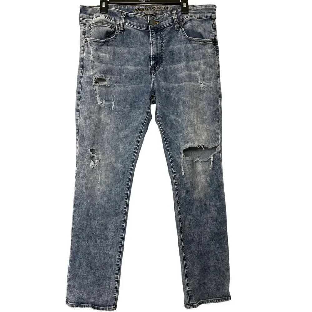 AMERICAN EAGLE Extreme Flex 4 Slim Straight Distressed Light Wash Jeans 36x34